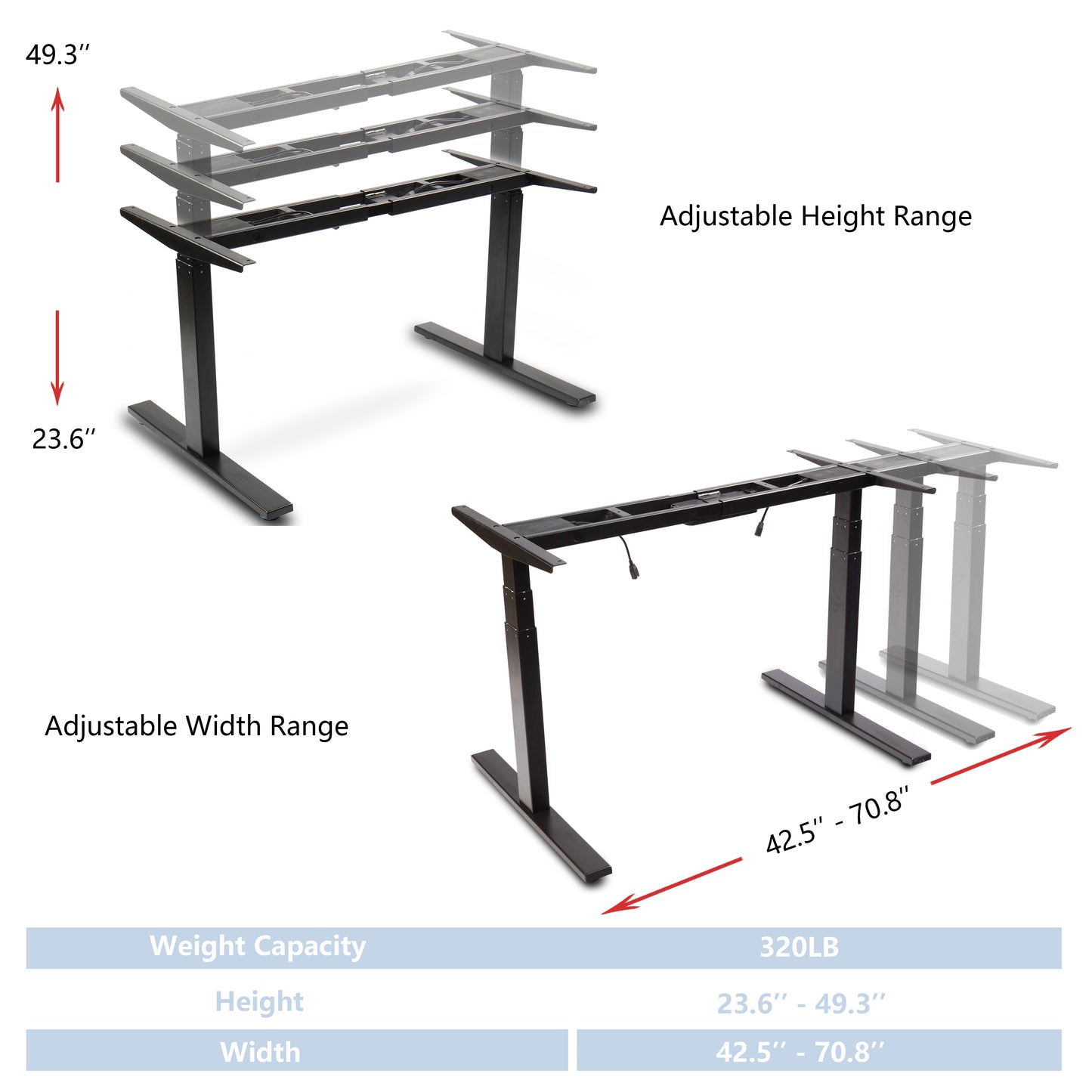 VWINDESK VJ201-S3 Cadre de bureau assis-debout électrique réglable en hauteur uniquement/assis debout – Base de bureau motorisée à 3 segments à deux moteurs uniquement, noir
