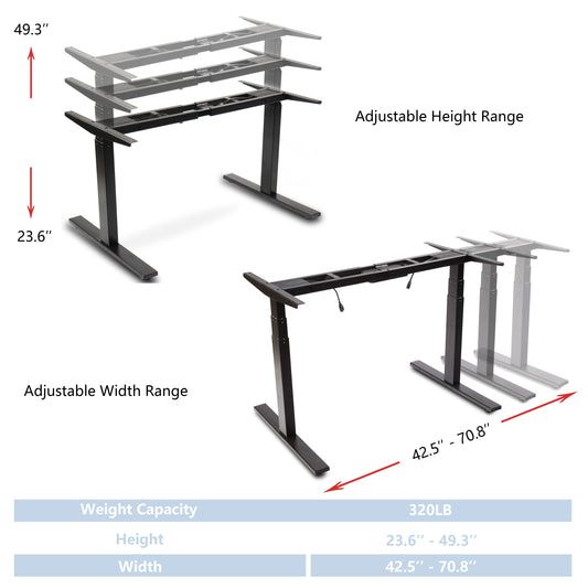 VWINDESK VJ201-S3 Electric Height Adjustable Sitting Standing Desk Frame Only/Sit Stand - Dual Motors 3 Segment Motorized Desk Base Only, Black