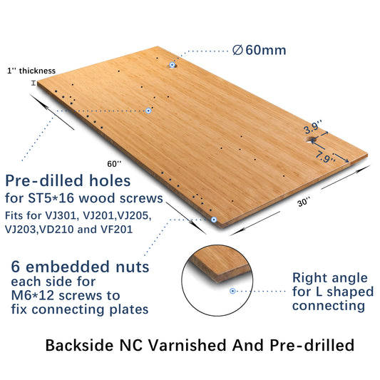 VWINDESK 60 x 30 x 1 Inch 100% Solid Bamboo Desk Table Top Only,for Standing Desk Home Office Desk with 60mm Grommets(Right Angle)