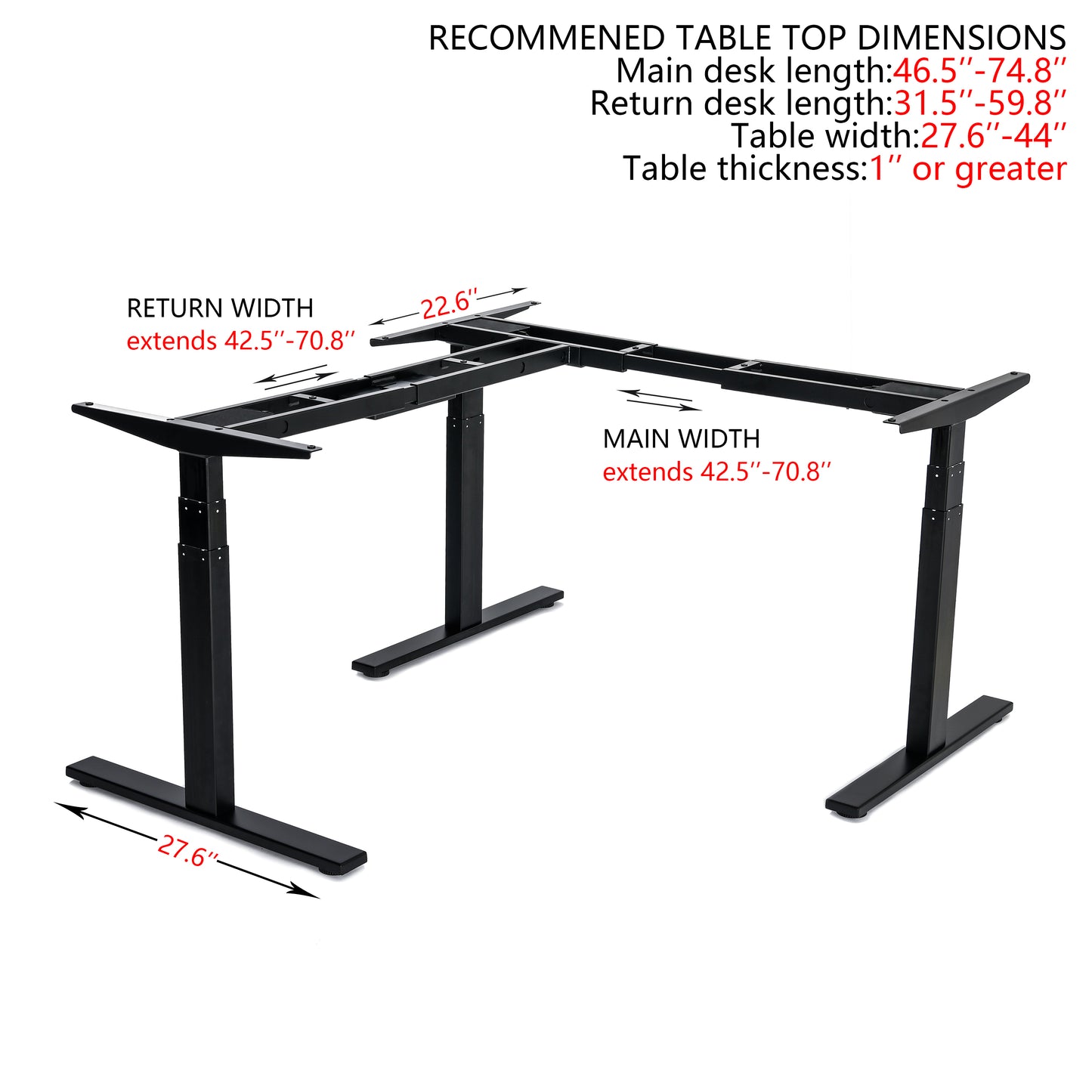 VWINDESK VJ301 Cadre de bureau d'angle électrique réglable en hauteur en forme de L uniquement avec triple moteur, base ergonomique en acier réglable en hauteur avec clavier à mémoire numérique (noir)