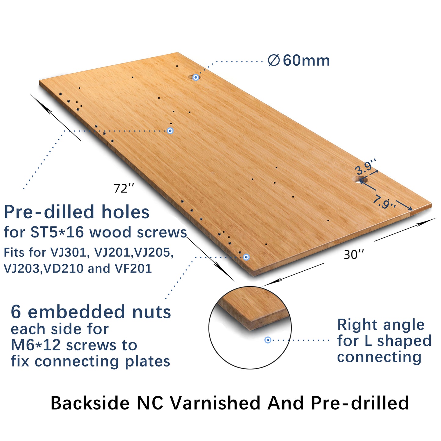 VWINDESK Mesa de escritorio de bambú 100 % macizo, 72 x 30 x 1 pulgada solamente, para escritorio de pie, escritorio de oficina en casa con ojales de 60 mm (ángulo recto)