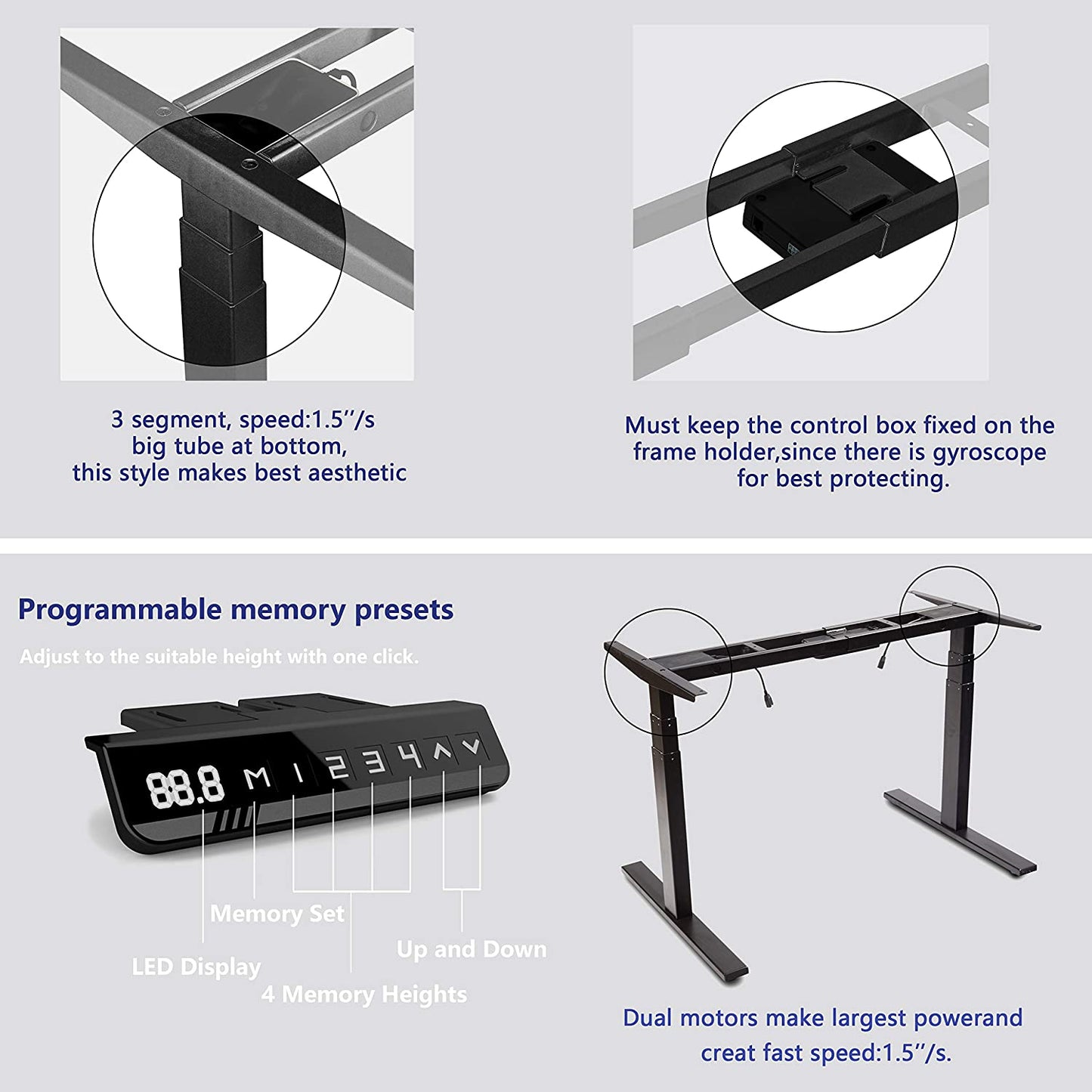 VWINDESK VJ201-S3 Cadre de bureau assis-debout électrique réglable en hauteur uniquement/assis debout – Base de bureau motorisée à 3 segments à deux moteurs uniquement, noir