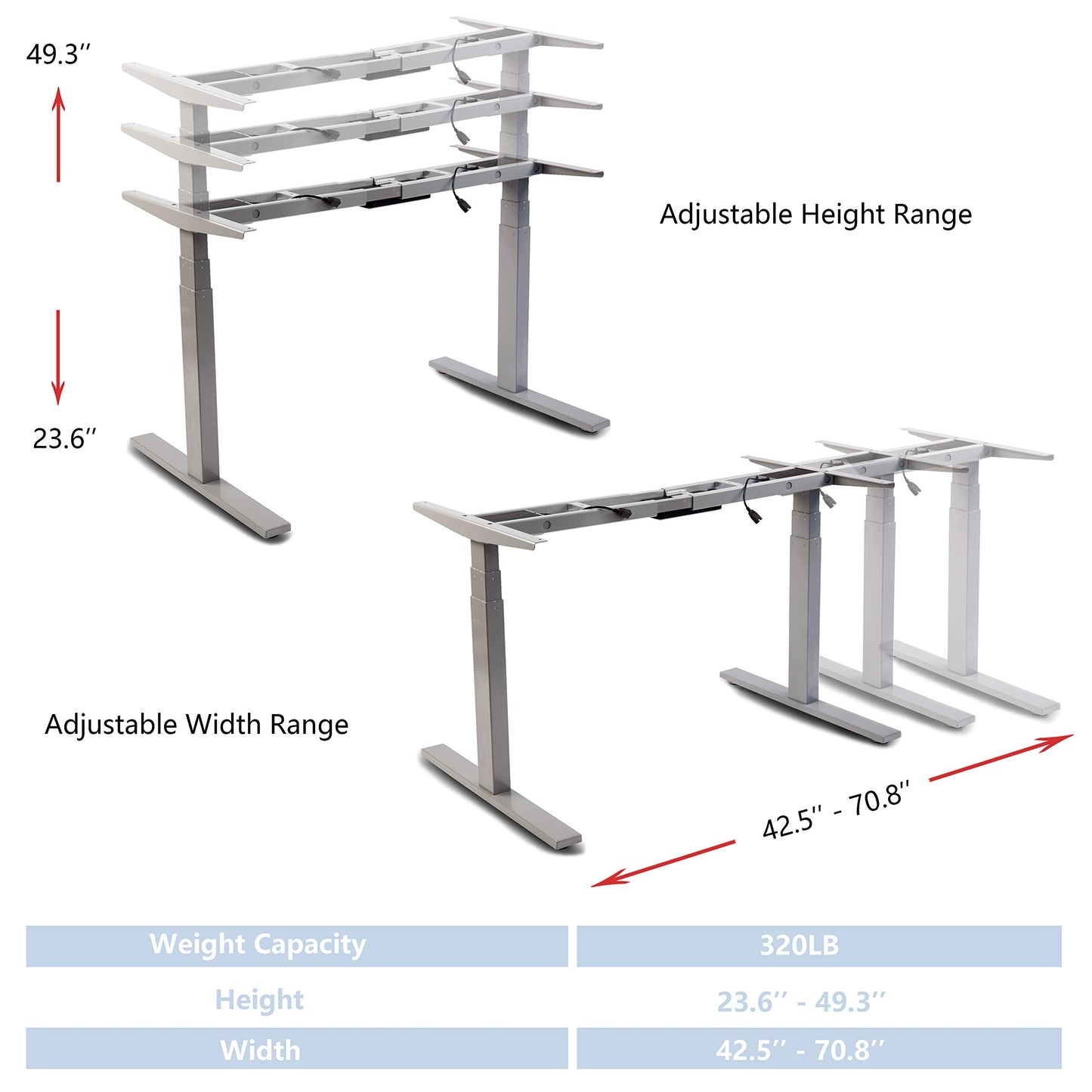 VWINDESK VJ201-S3 Electric Height Adjustable Sitting Standing Desk Frame Only/Sit Stand - Dual Motors 3 Segment Motorized Desk Base Only,Gray