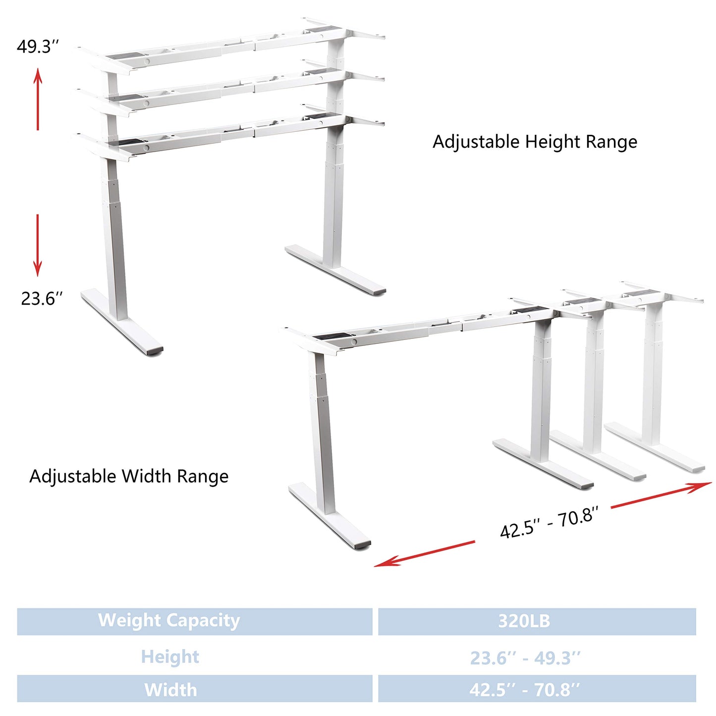 VWINDESK VJ201-S3 Electric Height Adjustable Sitting Standing Desk Frame Only/Sit Stand - Dual Motors 3 Segment Motorized Desk Base Only,White