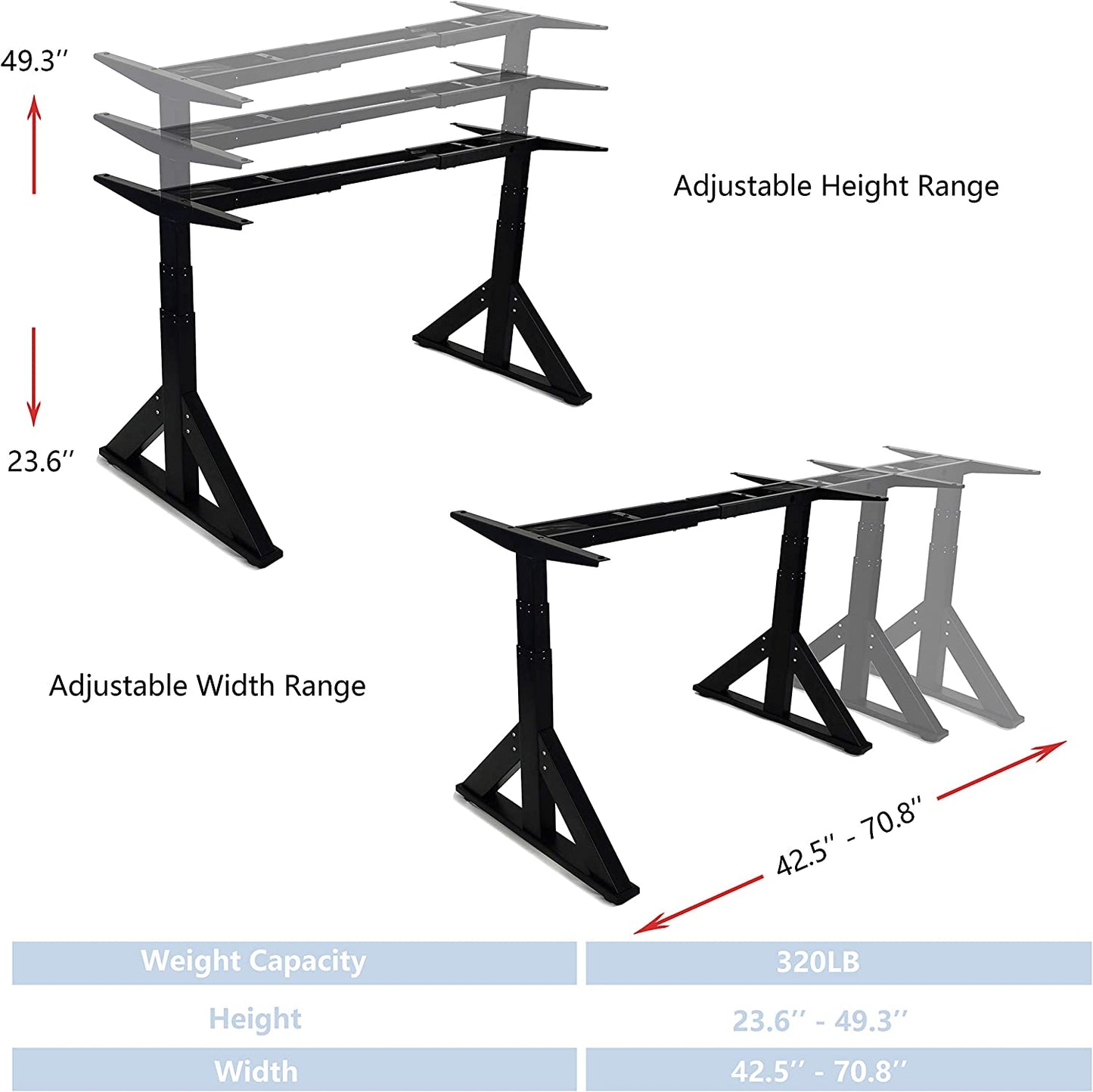 VWINDESK VJ205 Electric Height Adjustable Sitting Standing Desk Frame Sit Stand - Dual Motors 3 Stages Motorized Desk Base Only, Black