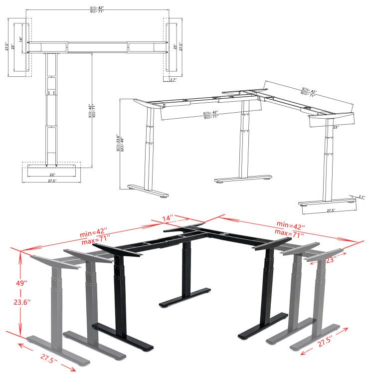 VWINDESK VJ301 Cadre de bureau d'angle électrique réglable en hauteur en forme de L uniquement avec triple moteur, base ergonomique en acier réglable en hauteur avec clavier à mémoire numérique (noir)