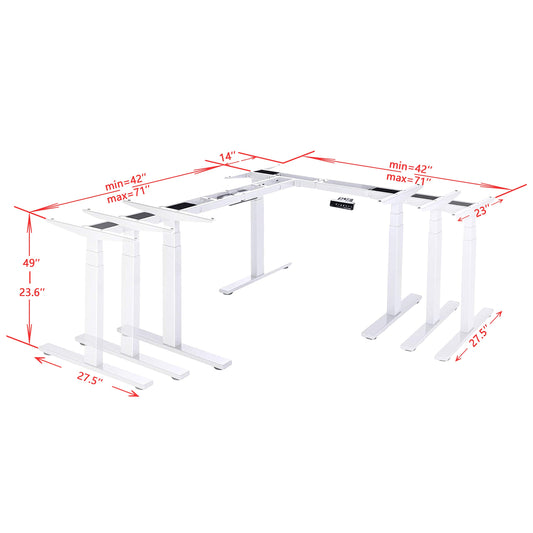 VWINDESK VJ301 Marco de escritorio de esquina de pie eléctrico ajustable en forma de L solo con triple motor, base ergonómica de acero ajustable en altura con teclado de memoria digital (blanco)