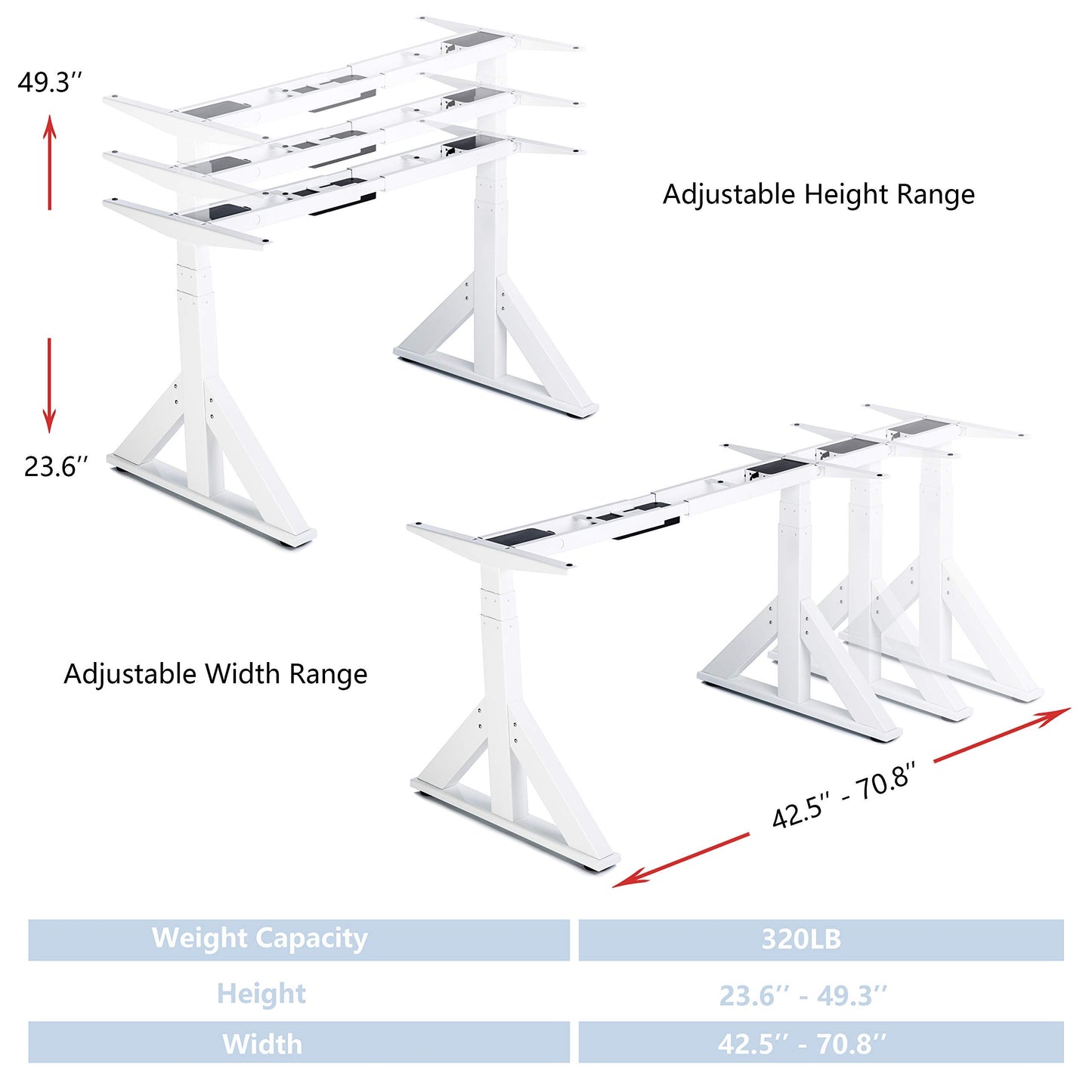 VWINDESK VJ205 Electric Height Adjustable Sitting Standing Desk Frame Sit Stand - Dual Motors 3 Stages Motorized Desk Base Only, White