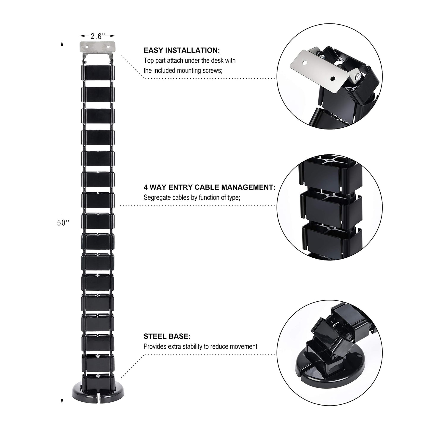 Vwindesk Vertebrae Cable Management Spine Kit | Height Adjustable Desk Quad Entry Wire Organizer, Black