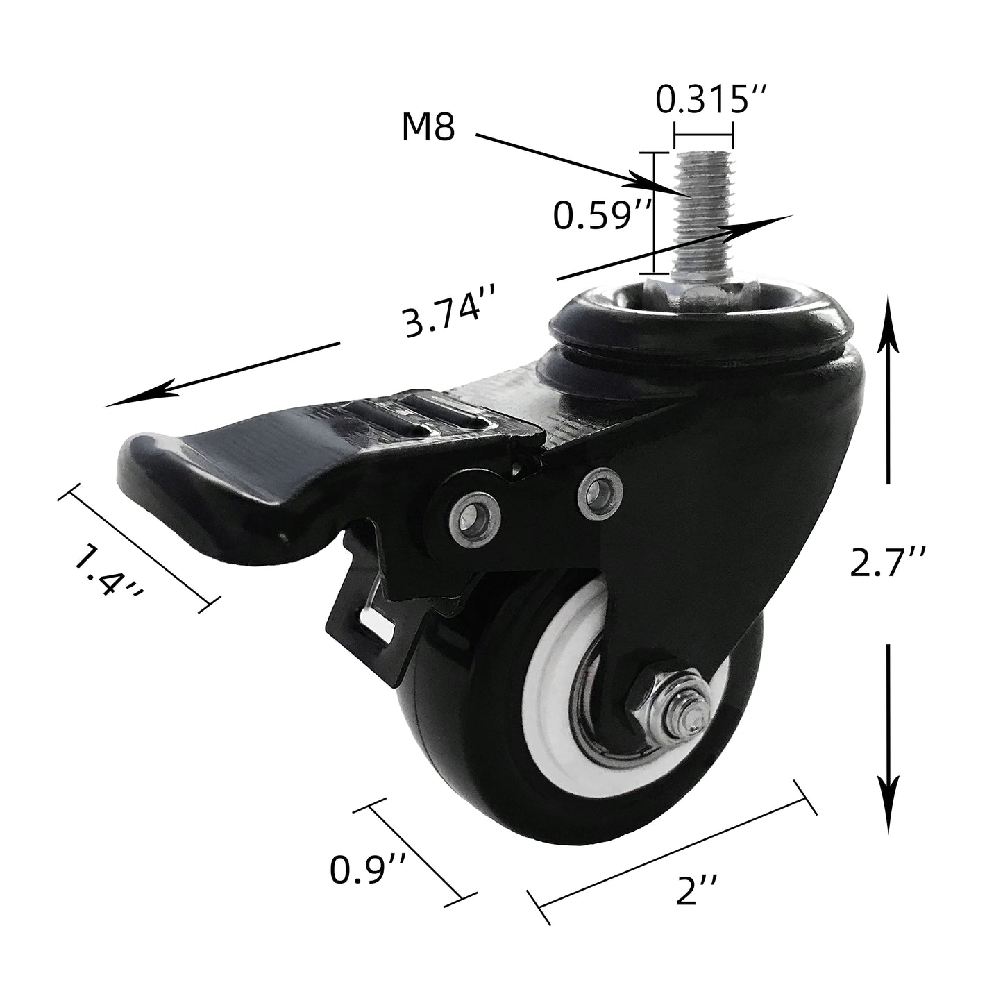 VWINDESK 2 inch M8 15mm Threaded Locking Caster Wheels, Set of 4, Swivel, Polyurethane PU Swivel Ball Casters with 360 Degree Top Plate 220lb Total Capacity, Brake, Used for Standing Desk