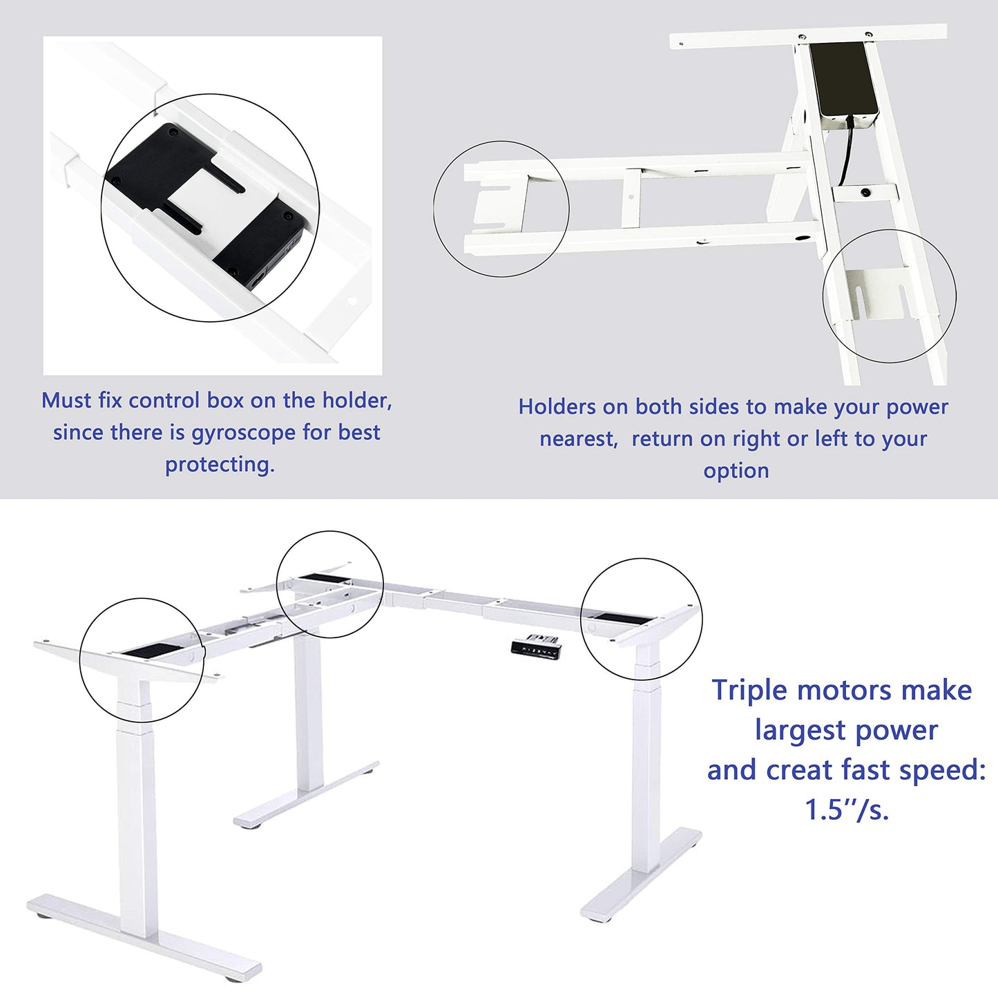 VWINDESK VJ301 Marco de escritorio de esquina de pie eléctrico ajustable en forma de L solo con triple motor, base ergonómica de acero ajustable en altura con teclado de memoria digital (blanco)