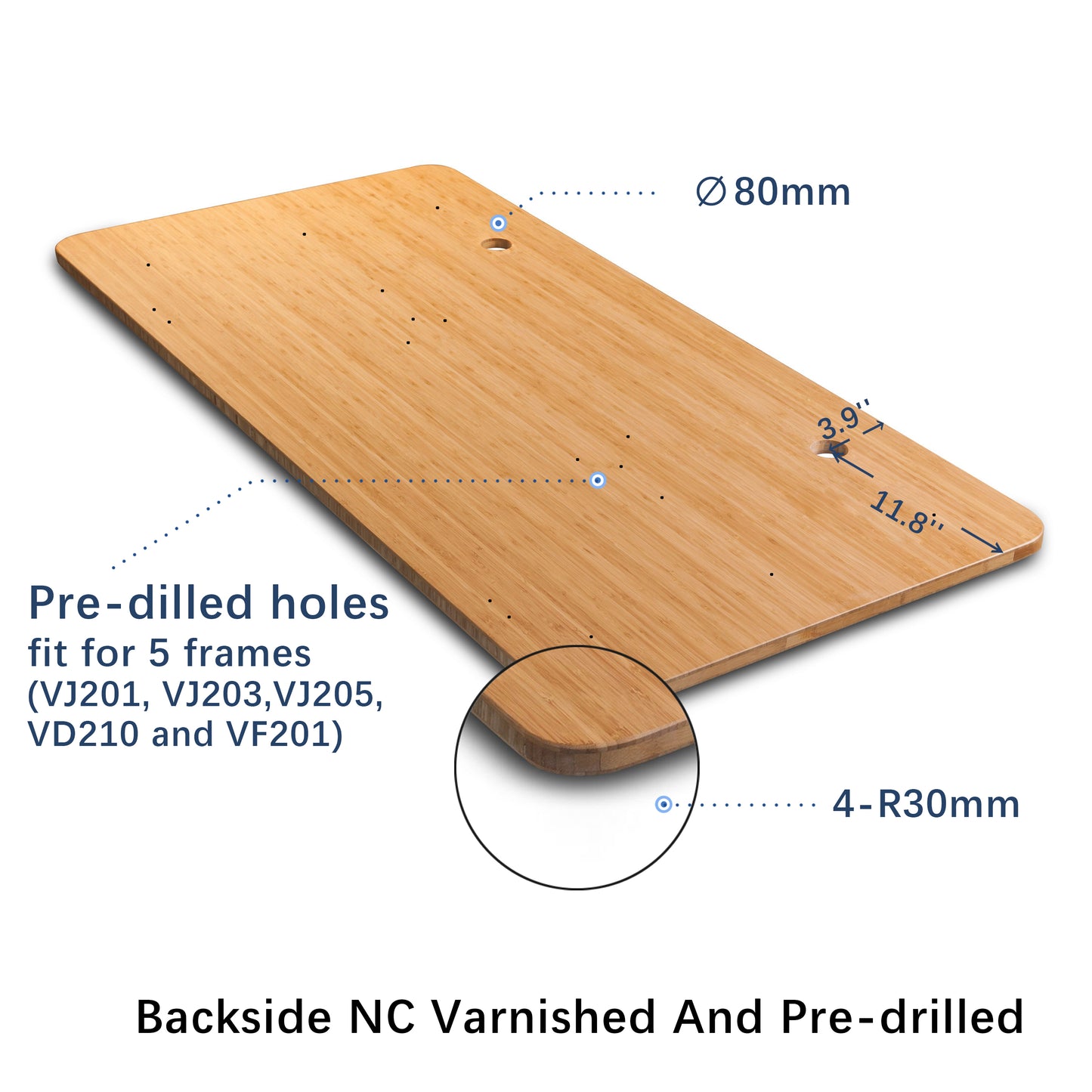 VWINDESK Natural Bamboo 80inch Desk Table Top Only, Matching with Electric Adjustable Standing Desk Frame, Durable, Sustainable with 80mm Grommet Holes(80" x 30" x 1") Round Angles