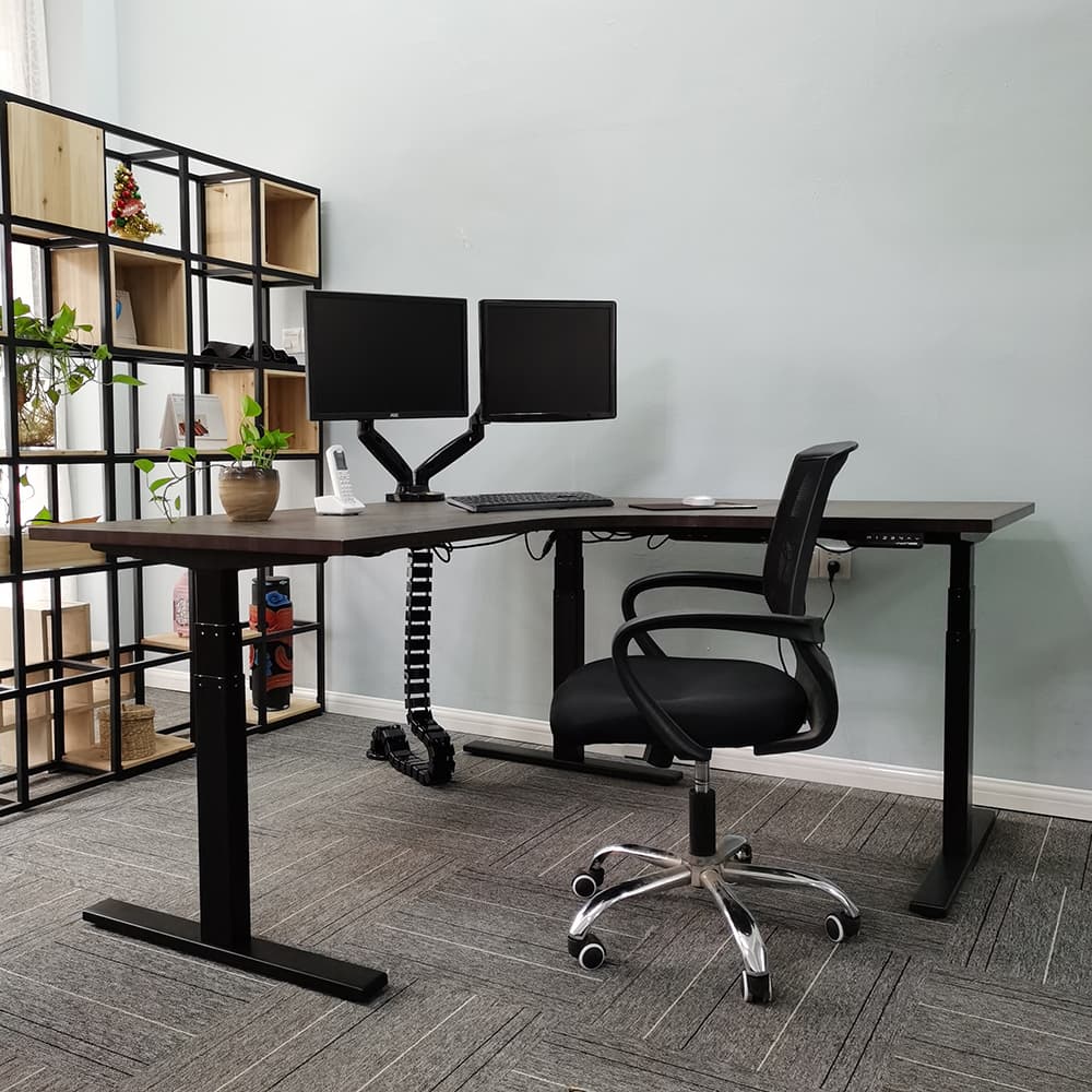 VWINDESK VJ301 Marco de escritorio de esquina ajustable en forma de L con altura eléctrica solo con triple motor, base ergonómica de acero ajustable en altura con teclado de memoria digital (negro)
