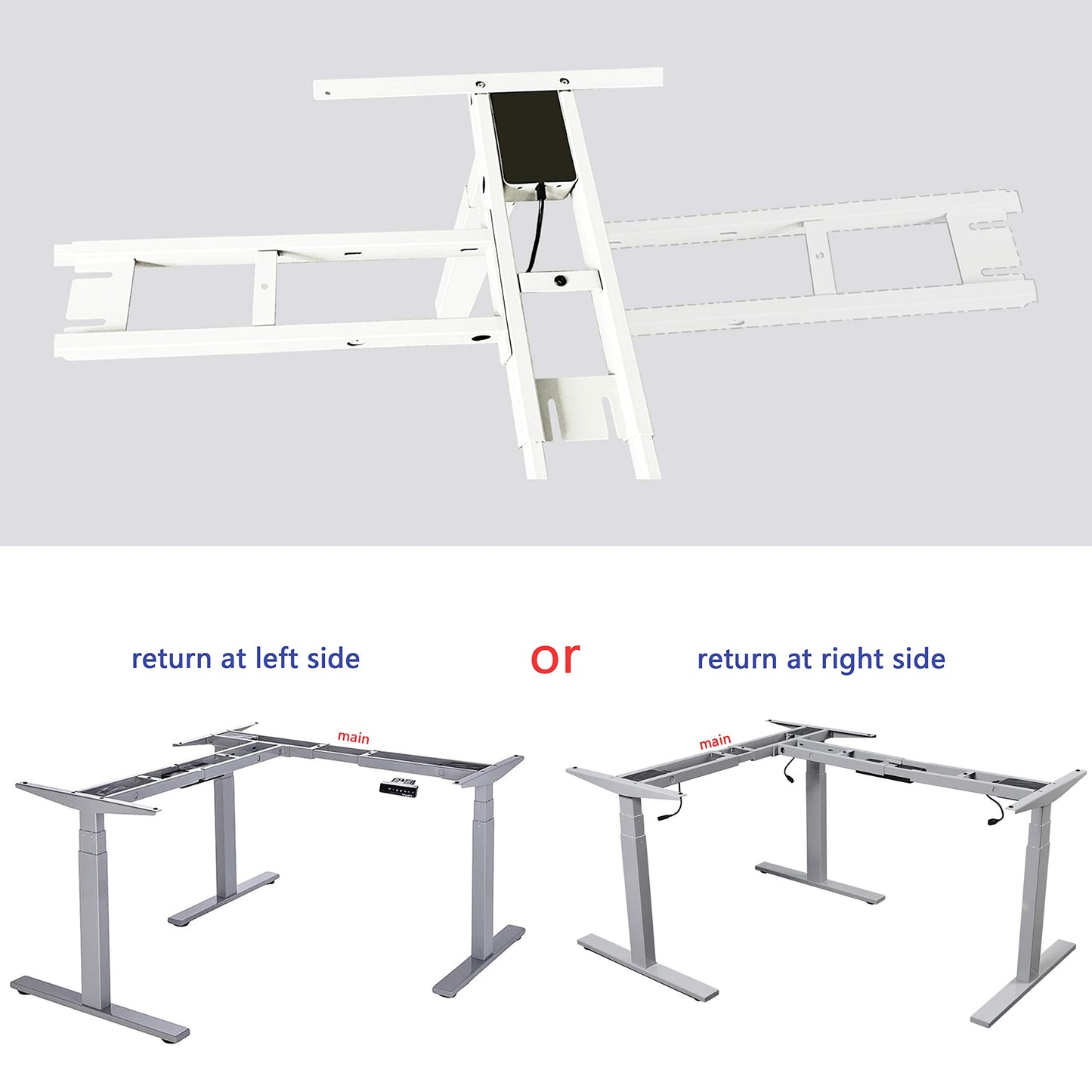 VWINDESK VJ301 Marco de escritorio de esquina ajustable en forma de L con altura eléctrica solo con triple motor, base ergonómica de acero ajustable en altura con teclado de memoria digital (gris)