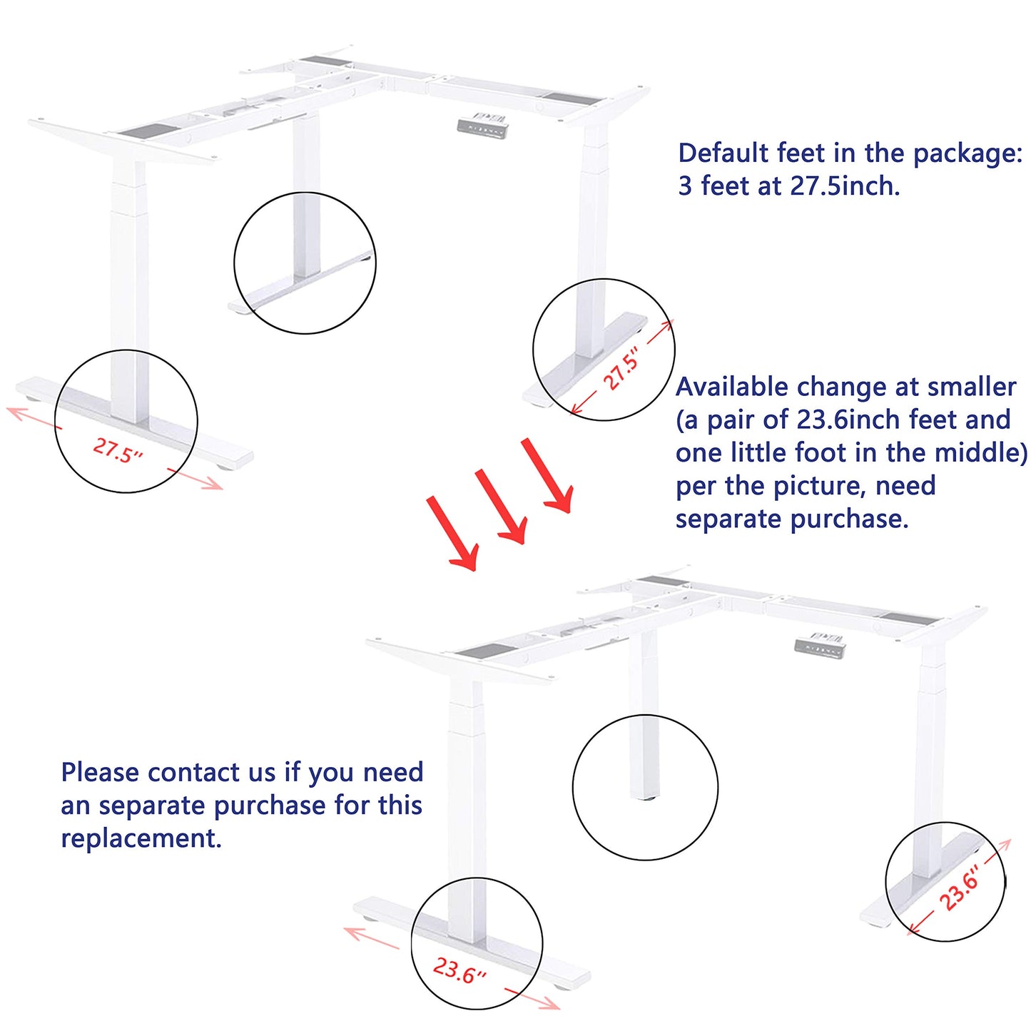 VWINDESK VJ301 Marco de escritorio de esquina de pie eléctrico ajustable en forma de L solo con triple motor, base ergonómica de acero ajustable en altura con teclado de memoria digital (blanco)