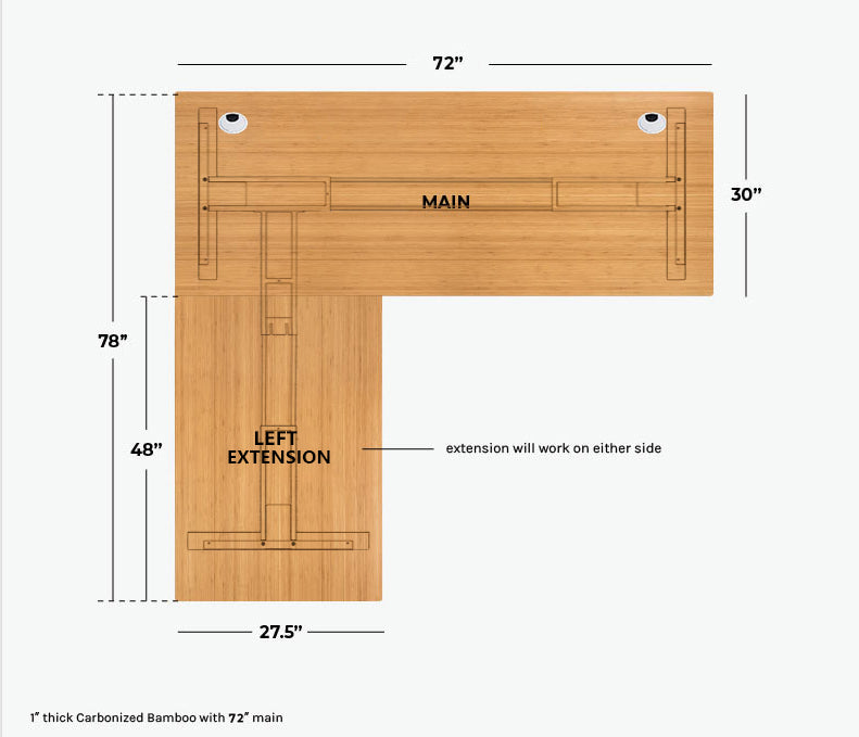 VWINDESK Dessus de table de bureau 100 % bambou massif 182,9 x 76,2 x 2,5 cm uniquement, pour bureau debout, bureau à domicile avec œillets de 60 mm (angle droit)