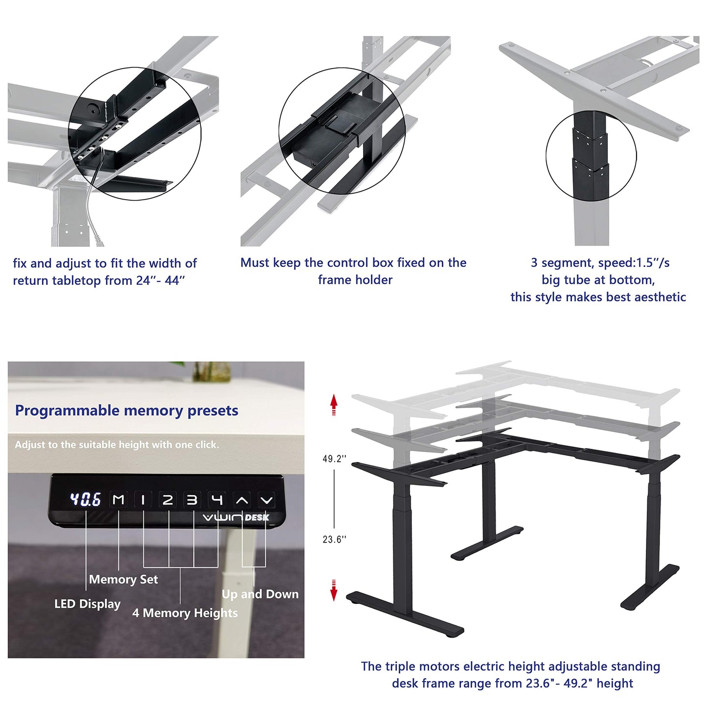 VWINDESK VJ301 Marco de escritorio de esquina ajustable en forma de L con altura eléctrica solo con triple motor, base ergonómica de acero ajustable en altura con teclado de memoria digital (gris)