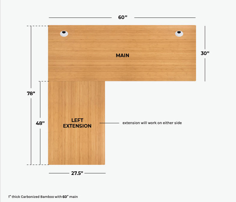 VWINDESK Plateau de table de bureau 100 % bambou massif 152,4 x 76,2 x 2,5 cm uniquement, pour bureau debout, bureau à domicile avec œillets de 60 mm (angle droit)