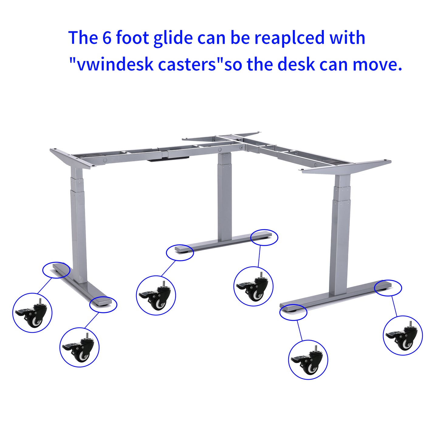 VWINDESK VJ301 Marco de escritorio de esquina ajustable en forma de L con altura eléctrica solo con triple motor, base ergonómica de acero ajustable en altura con teclado de memoria digital (gris)