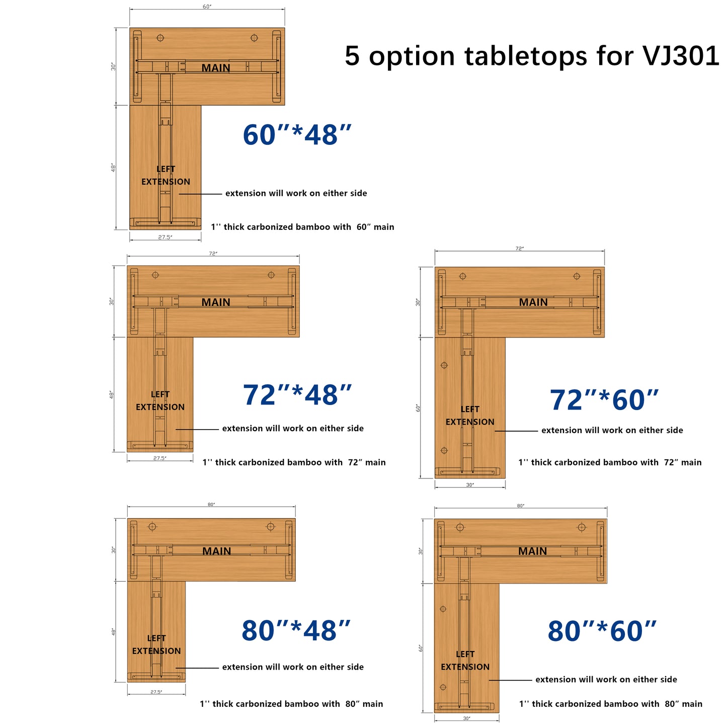 VWINDESK Plateau de table de bureau 100 % bambou massif 152,4 x 76,2 x 2,5 cm uniquement, pour bureau debout, bureau à domicile avec œillets de 60 mm (angle droit)