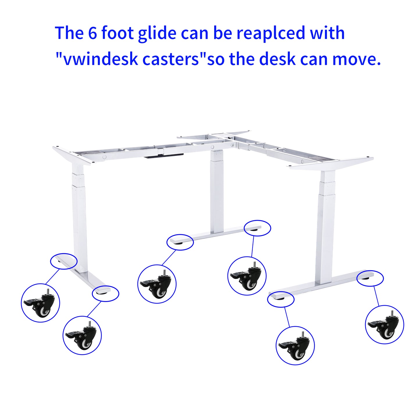 VWINDESK VJ301 Marco de escritorio de esquina de pie eléctrico ajustable en forma de L solo con triple motor, base ergonómica de acero ajustable en altura con teclado de memoria digital (blanco)